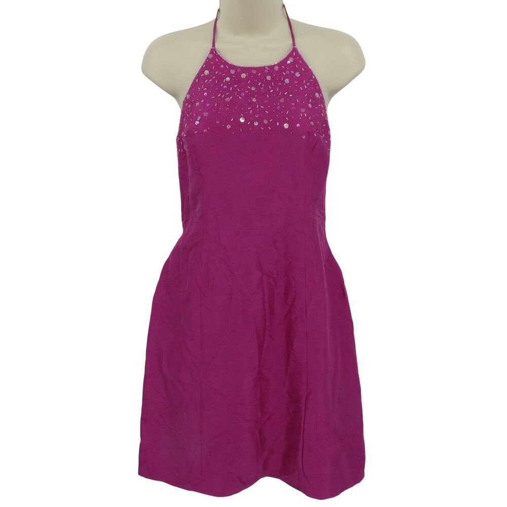 Ann Taylor Women Petite 4P Pink Crinkle Silk Beaded Sequin Halter Sheath Dress